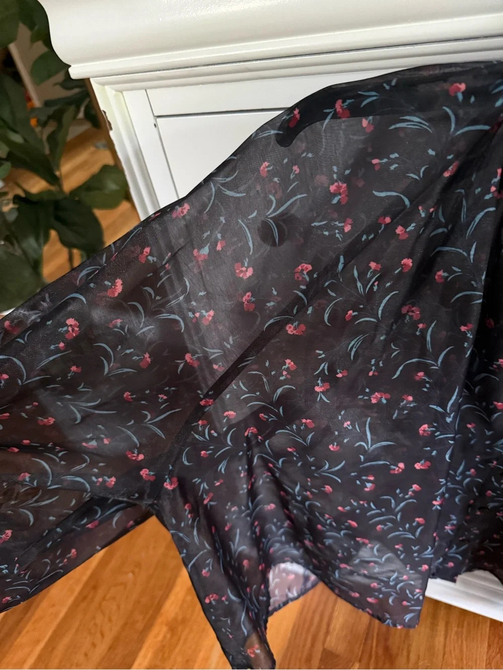 Tuckernuck Black Sheer Blouse with Pink and Blue Floral Print